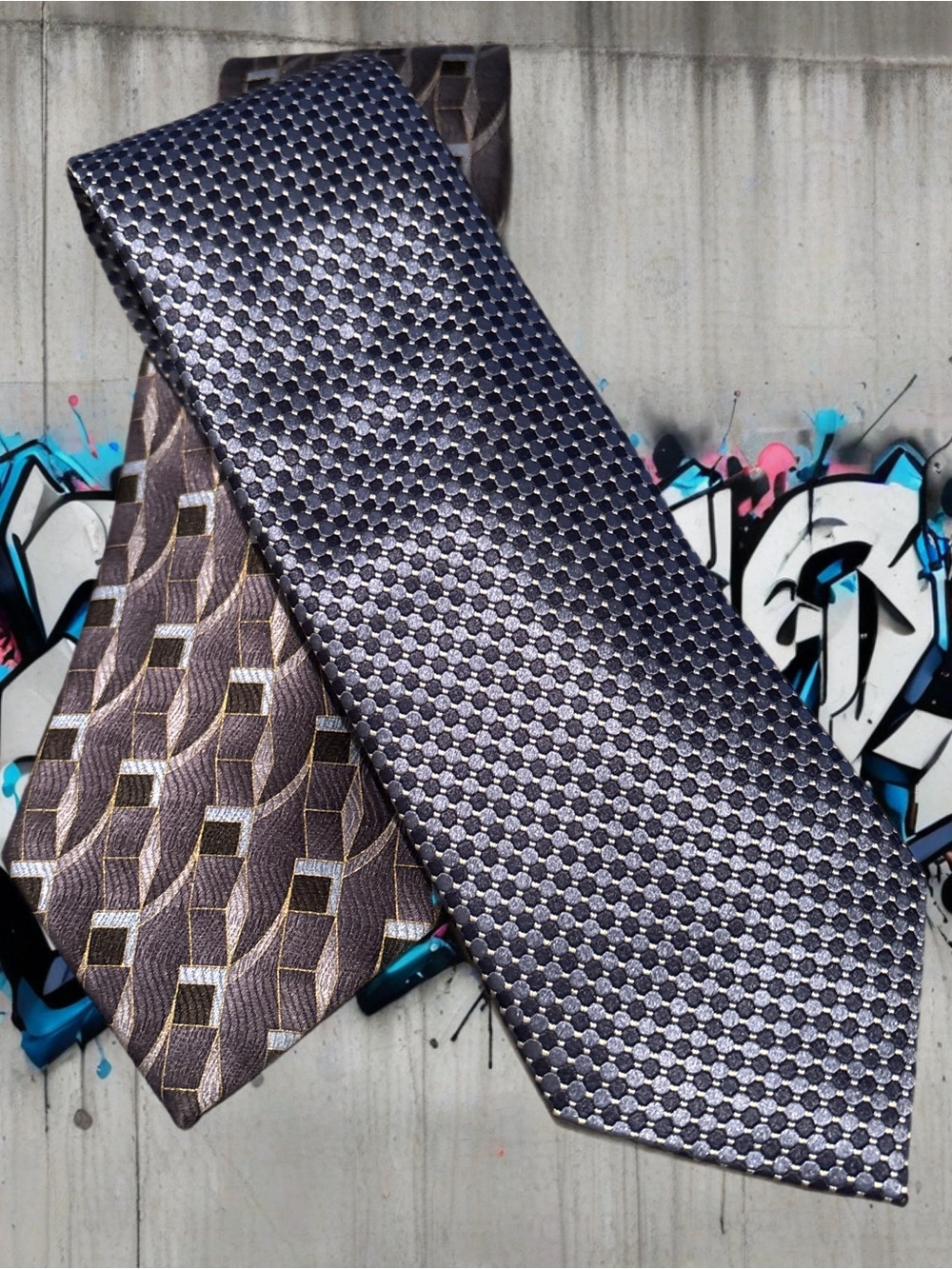 Vintage Geometric Pattern Silk Necktie Duo  - Grey, Blue & Silver